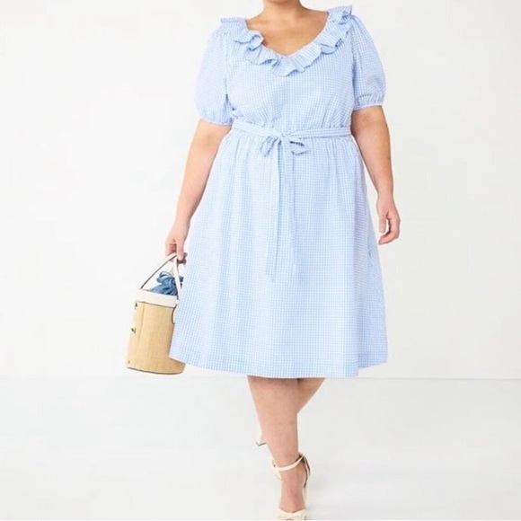 Draper James Rsvp Puff Sleeve Blue White Gingham Midi Dress Size 1x NWT - Picture 3 of 9